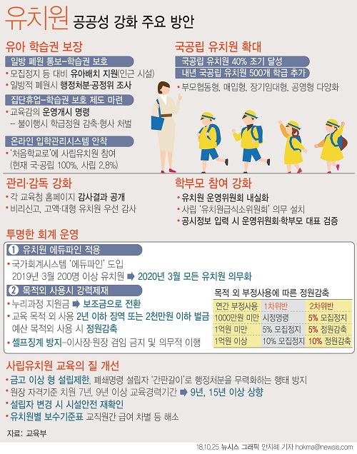 ▲ 정부는 25일 유치원 공공성 강화를 위해 국·공립유치원 40% 조기 달성을 추진하기로 했다. 아울러 오는 2020년까지 모든 유치원이 국가회계시스템인 에듀파인을 사용하게 된다. <그래픽 제공=뉴시스>
