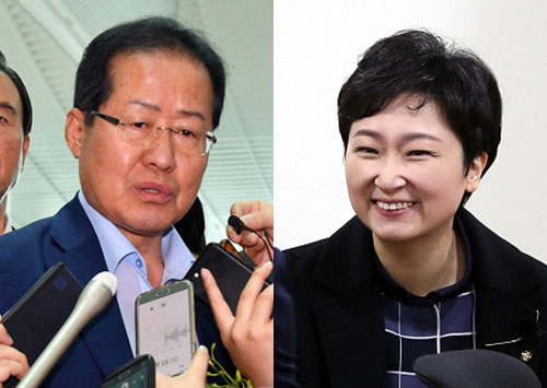 ▲ (좌로부터) 홍준표 전 자유한국당 대표와 바른미래당 이언주 의원 <사진제공=뉴시스>