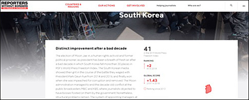 ▲ 국경없는 기자회의 2019년 대한민국 언론자유지수 평가(국경없는기자회 홈페이지)