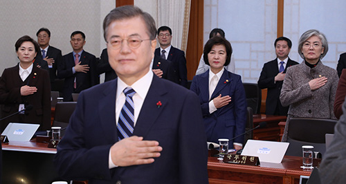 ▲ 문재인 대통령과 추미애 법무부 장관이 7일 청와대 본관에서 열린 올해 첫 국무회의에 참석해 국민의례를 하고 있다. 정부는 이날 문 대통령이 주재한 국무회의에서 공수처법 공포안을 의결했다. <사진제공=뉴시스>