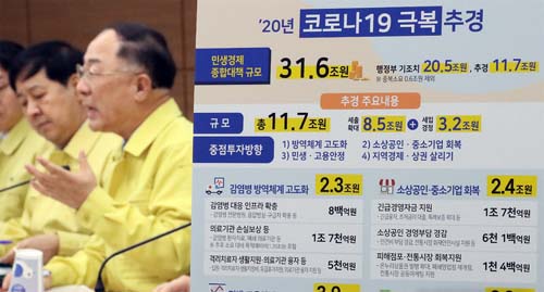 ▲ 홍남기 부총리 겸 기획재정부 장관이 지난 2일 오후 정부세종청사에서 코로나19 극복 추가경정예산안을 발표하고 있다.<사진제공=뉴시스>