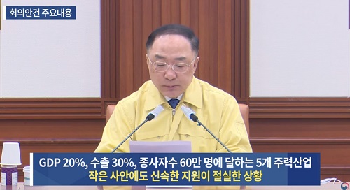 ▲ 지난 23일 제15차 ‘코로나19’ 대응 경제관계장관회의 겸 제5차 위기관리대책회의가 열렸다. 이날 회의에서는 발표된 1분기 GDP 지표를 분석해 위기가 본격화되고 있는 민생과 경제를 살리는 대책 그리고 대응을 모색했다. <이미지 출처=기획재정부 유튜브 영상 캡처>