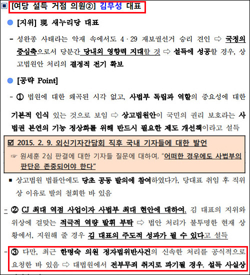 ▲ <이미지 출처=양승태 전 대법원장 시절 법원행정처가 2015년 5월6일 작성한 ‘상고법원 입법을 위한 대국회 전략’ 문건 캡처>