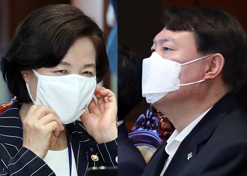 ▲ 추미애 법무부 장관(왼쪽)과 윤석열 검찰총장. <사진제공=뉴시스>