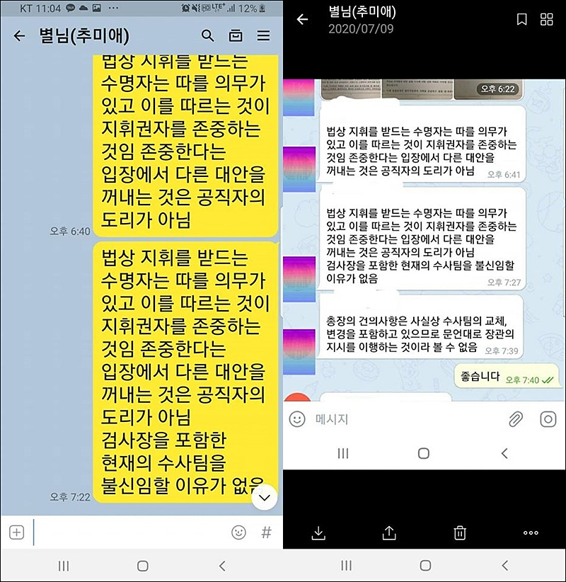 ▲ 추미애 법무부 장관이 9일 페이스북을 통해 공개한 카카오톡과 텔레그램 메시지. <이미지 출처=추미애 장관 페이스북 캡처>
