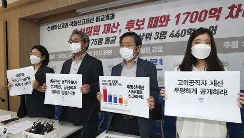 ▲ 14일 서울 종로구 경실련 강당에서 열린 '21대 국회의원 175명 후보등록 재산 신고와 당선 이후 재산신고 비교분석 결과 발표' 기자회견에서 참석자들이 검증 촉구 피켓을 들고 있다.<사진제공=뉴시스>