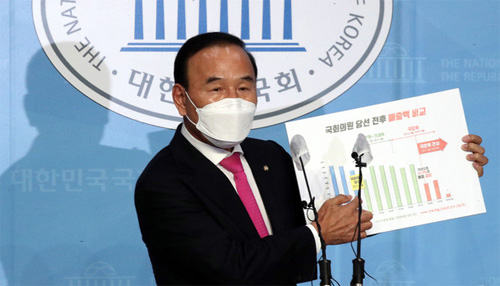 ▲ 국회 국토교통위원회 소속 당시 가족 명의 건설회사를 통해 피감기관들로부터 수천억원대 공사를 특혜 수주했다는 의혹에 휩싸인 박덕흠 국민의힘 의원이 21일 오후 서울 여의도 국회 소통관에서 해명 기자회견을 하고 있다. <사진제공=공동취재사진, 뉴시스>