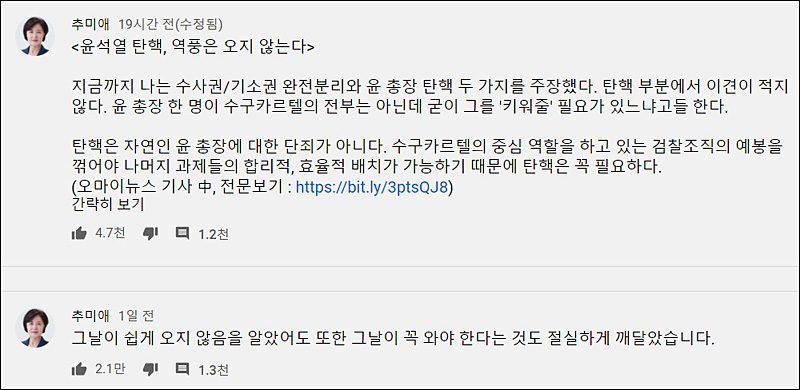 ▲ <이미지 출처=유튜브 채널 '추미애TV' 게시판 캡처>