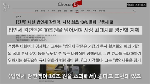 ▲ 내년 법인세 감면액이 10조를 돌파했다고 보도한 조선비즈 ⓒ 민주언론시민연합