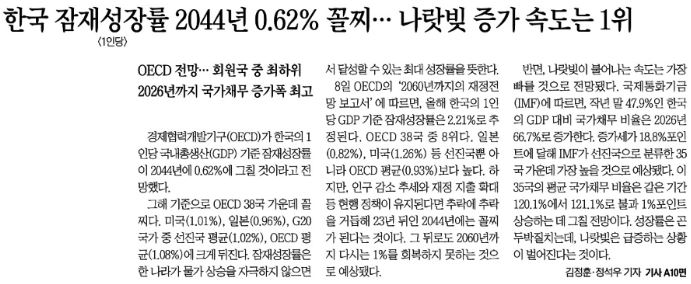 ▲ OECD와 IMF 보고서 내용을 1면에 보도한 조선일보(11/8)