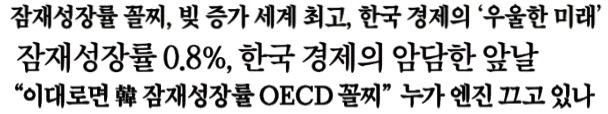 ▲ OECD 보고서를 근거로 경제위기를 주장한 신문 사설 제목(위부터 조선일보, 중앙일보, 한국경제)(11/9)