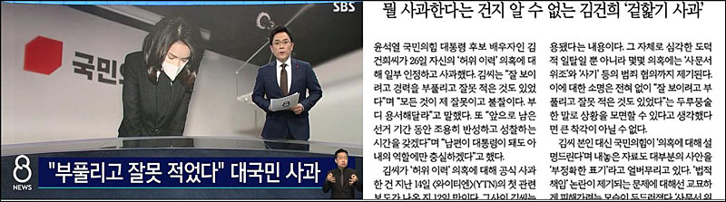 ▲ 허위경력 의혹 관련 김건희 씨 부실해명 문제를 짚은 SBS(12/26, 왼쪽)‧한겨레(12/27, 오른쪽)