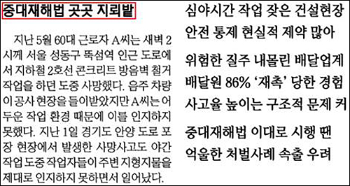 ▲ 빈약한 근거로 ‘중대재해법 곳곳 지뢰밭’이라 주장한 매일경제(2021/12/27)