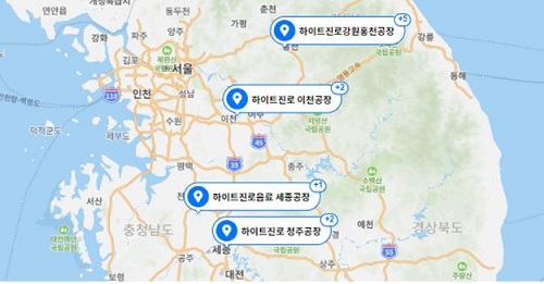 ▲ 하이트진로 강원공장‧이천공장‧청주공장 위치 / 출처=네이버지도