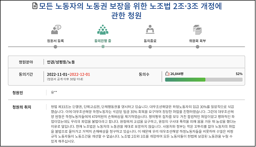 ▲ 국회 국민동의청원 사이트에선 노조법2・3조 개정 국회 국민동의청원이 진행중이다.