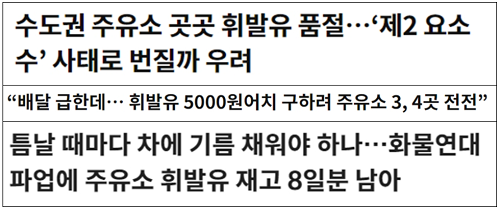 ▲ 화물연대 파업으로 ‘기름 대란’ 우려하는 보도 제목(11/30, 위부터 중앙‧동아‧매경)