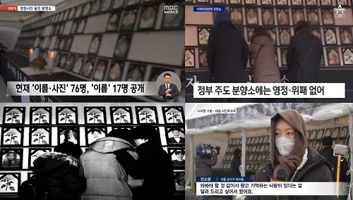 ▲ 시민분향소 영정을 ‘흐림 처리’한 언론(시계방향으로 MBC·채널A·MBN·동아일보)
