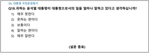 ▲ 미디어리얼리서치코리아 5월 1주차 여론조사의 대통령 지지율 설문지(출처 : 중앙여론조사심의위원회 홈페이지)