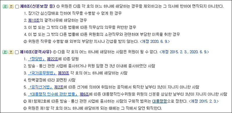 ▲ 방송통신위원회 설치 및 운영에 관한 법률 중 방송통신위원장 신분보장과 관련된 조항