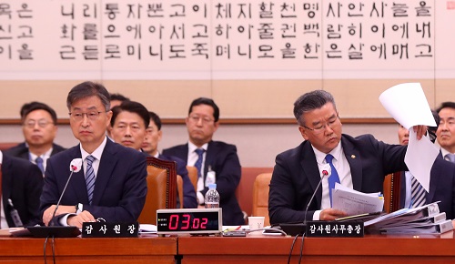 ▲ 최재해 감사원장과 유병호 사무총장이 지난 13일 오후 서울 여의도 국회에서 열린 법제사법위원회의 감사원에 대한 국정감사에 출석해 있는 모습. <사진제공=뉴시스>