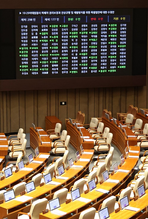 ▲ 9일 오후 서울 여의도 국회 본회의장에서 열린 제411회국회(임시회) 4차 본회의에서 '10·29 이태원참사 피해자 권리보장과 진상규명 및 재발방지를 위한 특별법안(수정안)'이 가결되고 있는 모습. 국민의힘 의원들은 이태원참사특별법 표결전 퇴장했다. <사진제공=뉴시스>