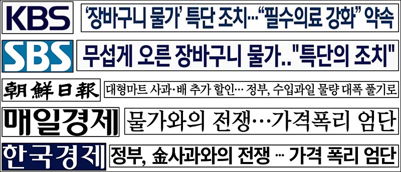 ▲ 윤석열 대통령 ‘물가 조치’ 강조하면서도 ‘대파 발언’ 보도 없는 KBS‧SBS‧조선일보‧매일경제‧한국경제