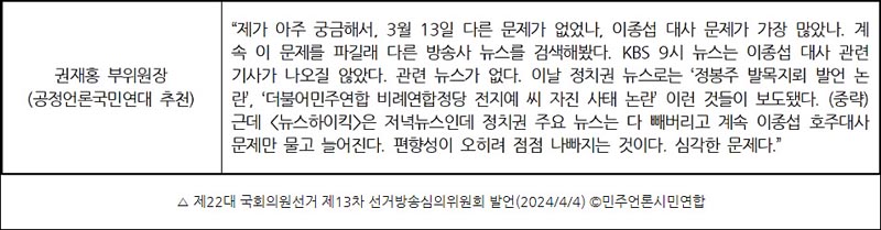 ▲ 제22대 국회의원선거 제13차 선거방송심의위원회 발언(2024/4/4) ©민주언론시민연합
