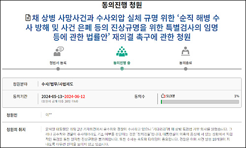 ▲ 채 상병 사망사건과 수사외압 실체 규명 위한 ‘순직 해병 수사 방해 및 사건 은폐 등의 진상규명을 위한 특별검사의 임명 등에 관한 법률안’ 재의결 촉구에 관한 청원 <이미지 출처=대한민국 국회 홈페이지>